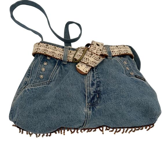 Handmade Upcycled Vintage Rockies Jeans Denim Fringe Beaded Lace Belt Handbag - Picture 1 of 7